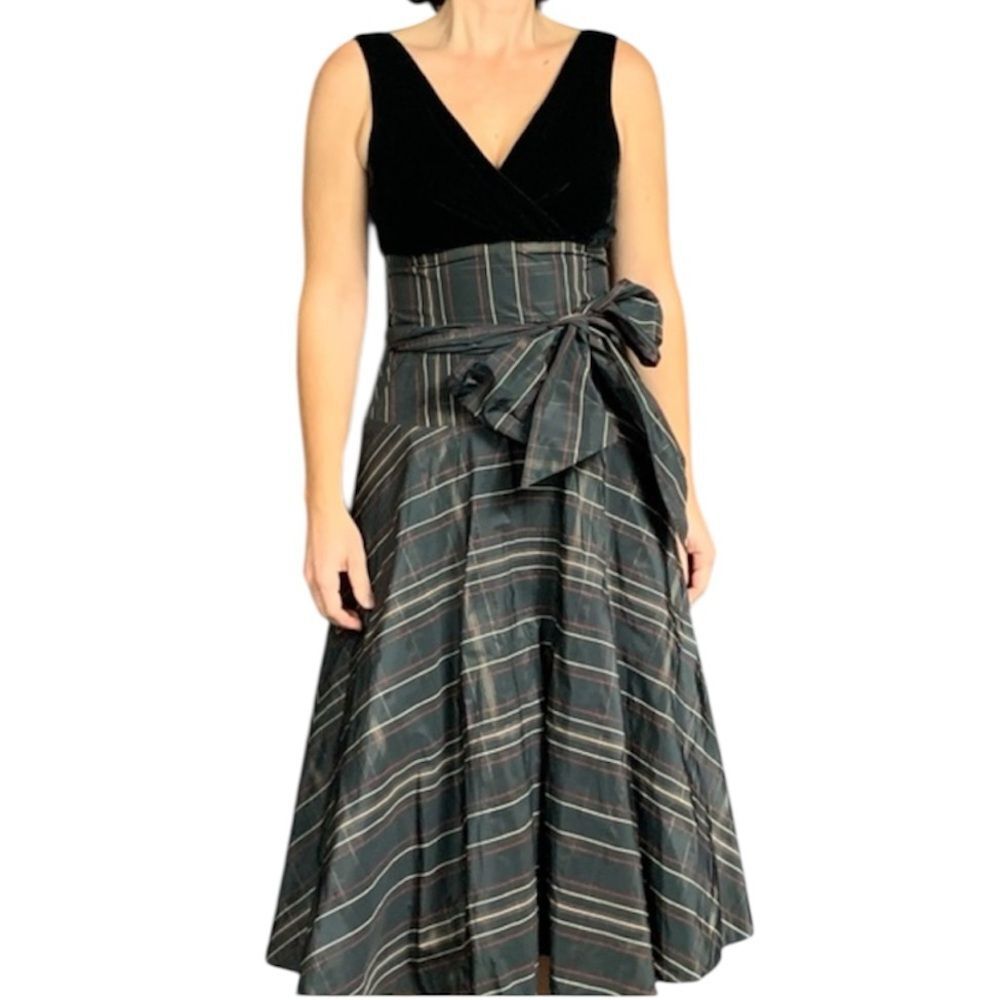 Max & Cleo Black Plaid & Velvet A-Line Midi Dress